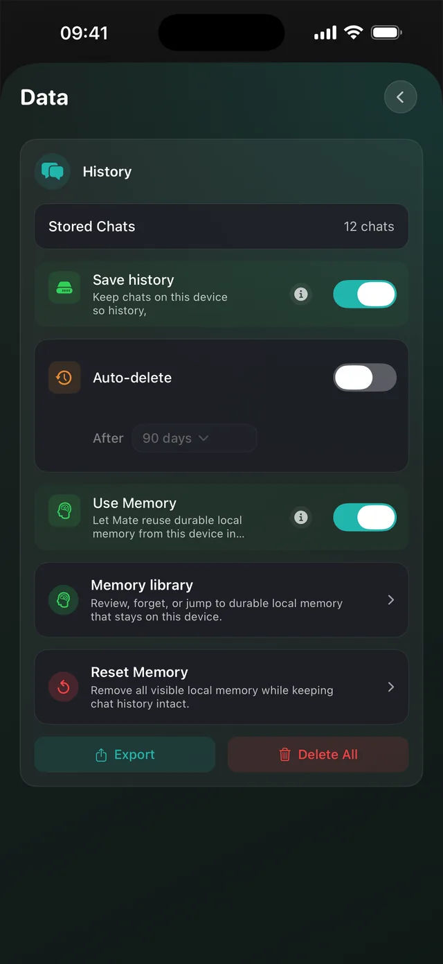 MATE app screen showing controls for data and chat history