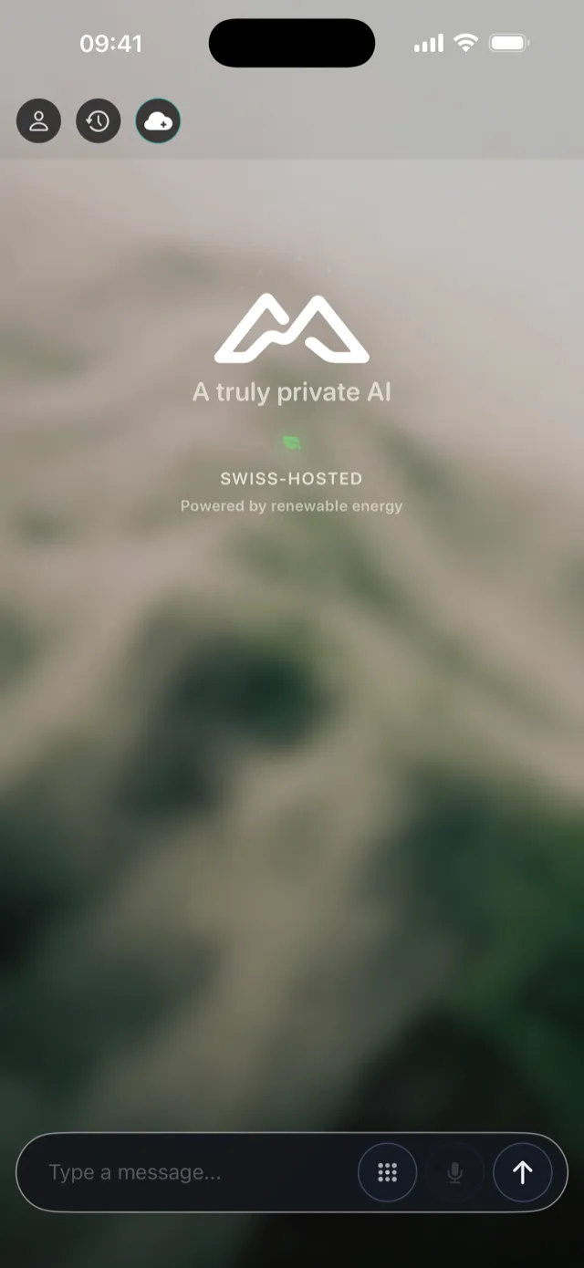 MATE app start screen with the MATE logo, the line “A truly private AI”, the note “Swiss hosted, powered by renewable energy” and the message field