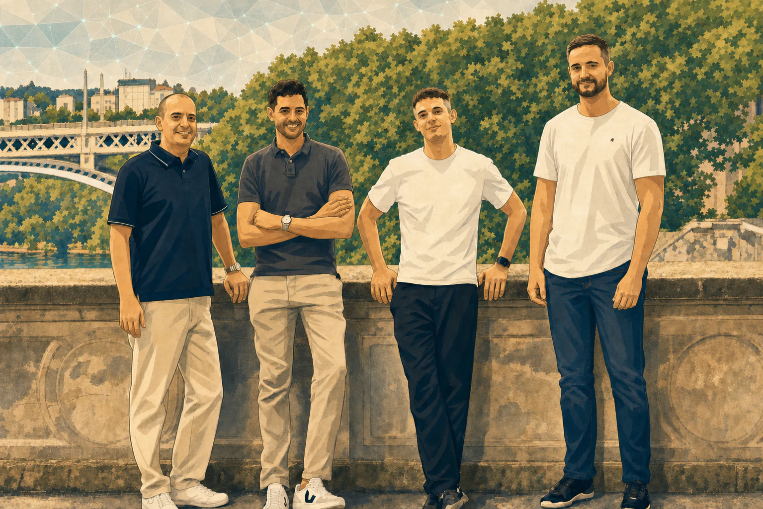 An illustrated portrait of the four people behind MATE, at a stone balustrade above the river in Bern