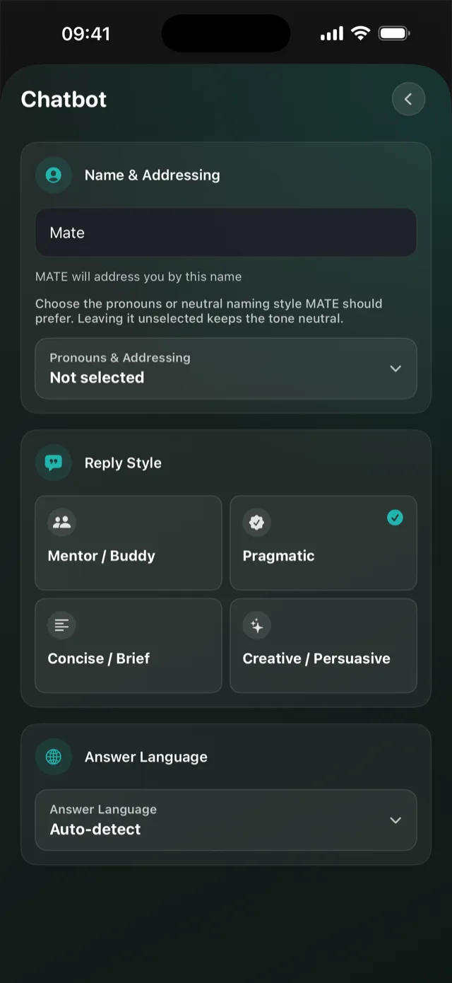 MATE app settings for name, reply style and answer language
