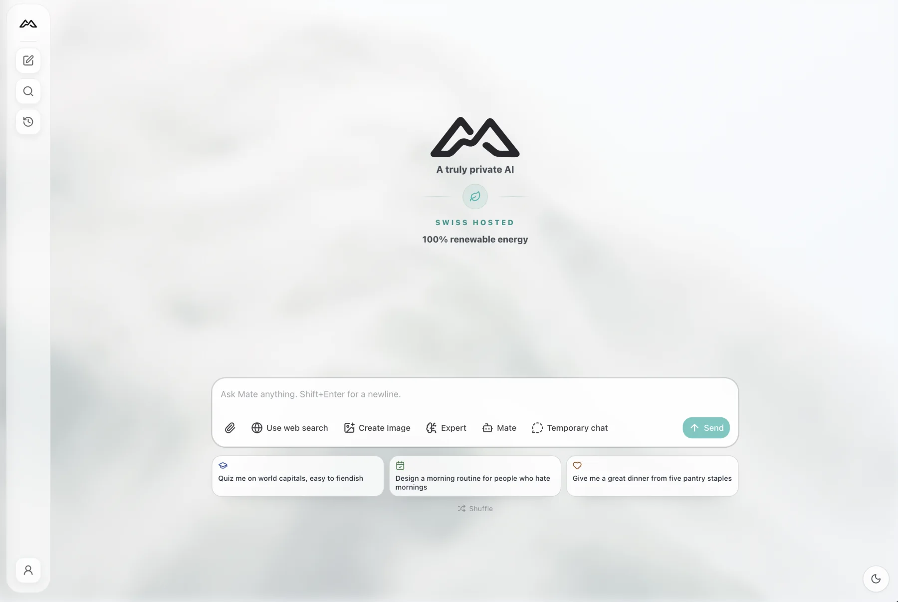 MATE as a web app in the browser, with its sidebar, composer and suggestions